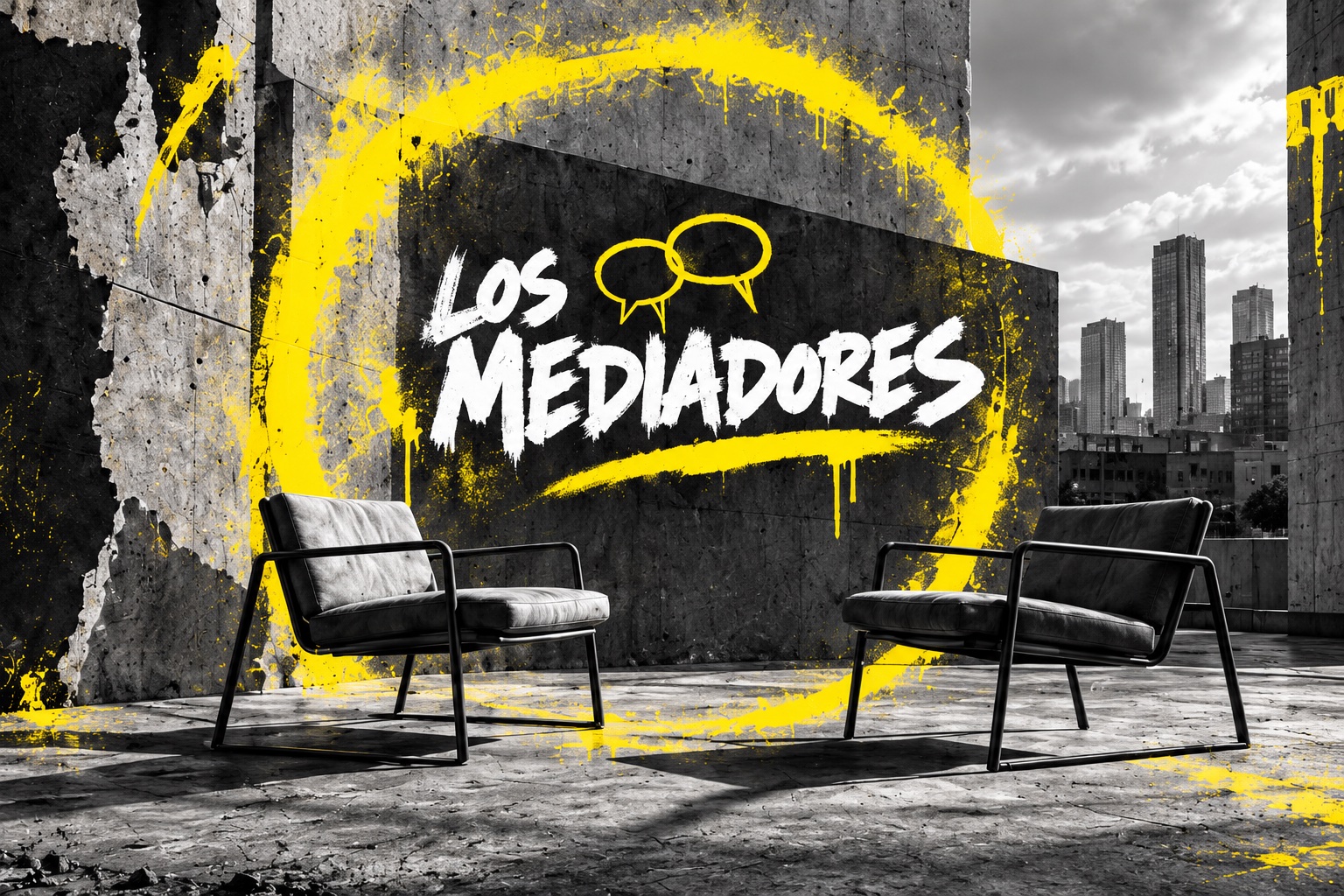 Dos sillas frente a frente y el grafiti Los Mediadores dentro de un círculo amarillo, como espacio para el diálogo
